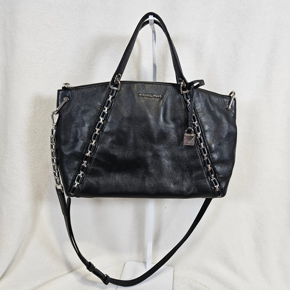 Michael Kors Black Leather Chain Trim Satchel Crossbody Bag Silver Hardware